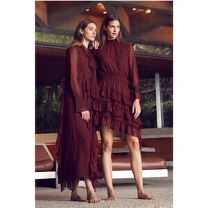 Misa Los Angeles Savanna Asymmetrical Ruffle Mini Dress Red Banana Leaf Small